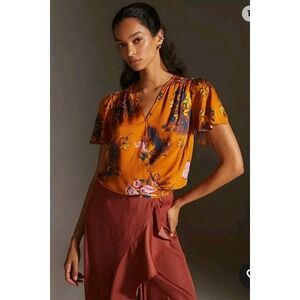 Tiny Anthropologie Floral Flutter Sleeve Faux Wrap Blouse Feminine Yellow Medium